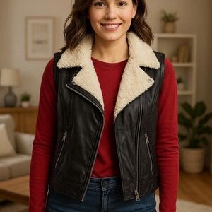 Say What Black Faux Leather Vest with Zippers & Beige Fleece Lining size L